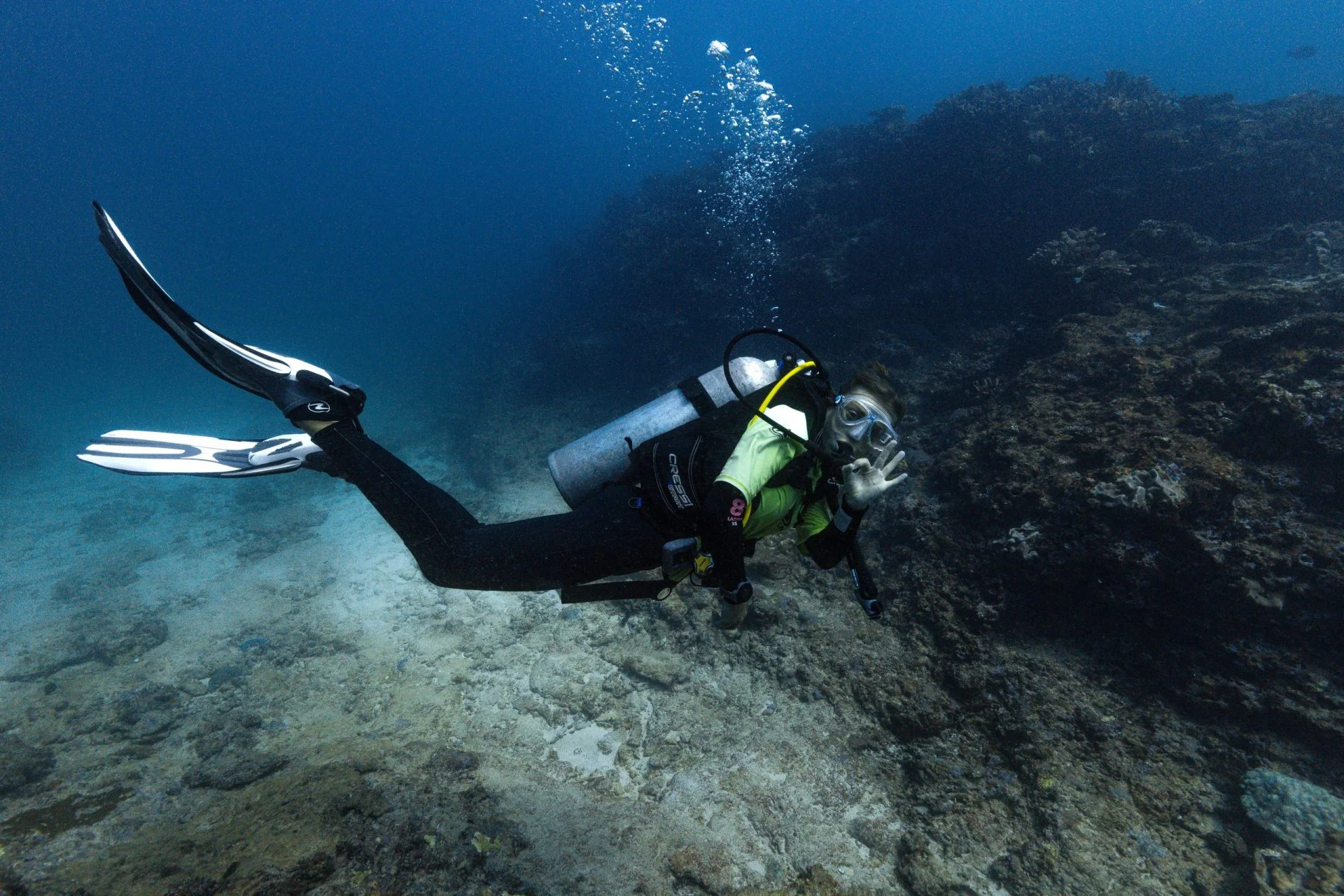Diver swimming along a reef wall